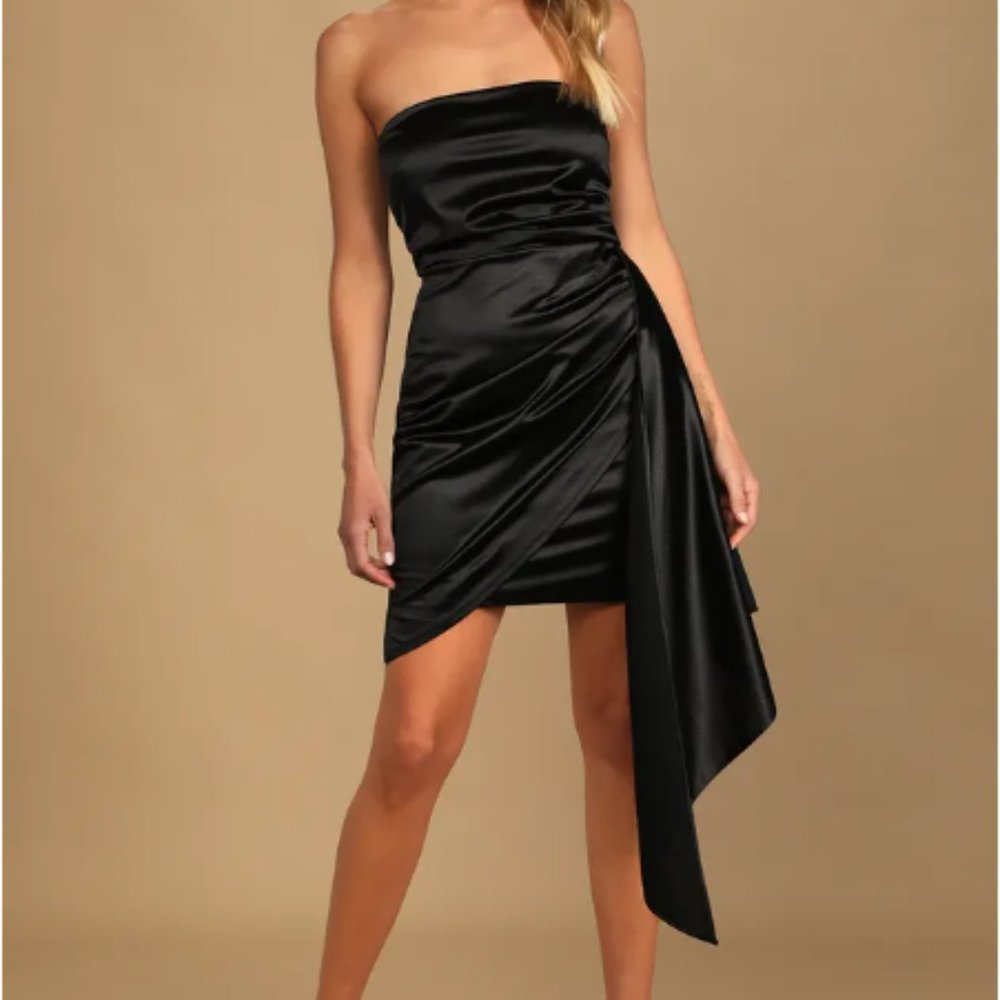 Lulus Total Bombshell Black Satin Asymmetrical Strapless Mini Dress